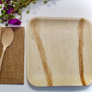 disposable palm leaf plates 25 pic 9.5" Square  -75 Cutlery - 30 pic napkin